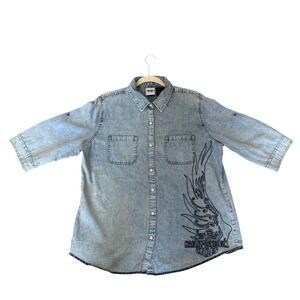 Harley-Davidson Womens Denim Embroidered 3/4 Sleeve Button Up Shirt Top 103819‎